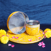Golden Yellow Embroidered Karwa Chauth Thali Set with Kalash & Channi