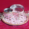 Elegant Light Pink Multicolor Embroidered Karwa Chauth Thali Set