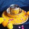 Golden Yellow Embroidered Karwa Chauth Thali Set with Kalash & Channi
