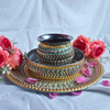 Green & Golden Beaded Karwa Chauth Pooja Thali with Kalash & Channi